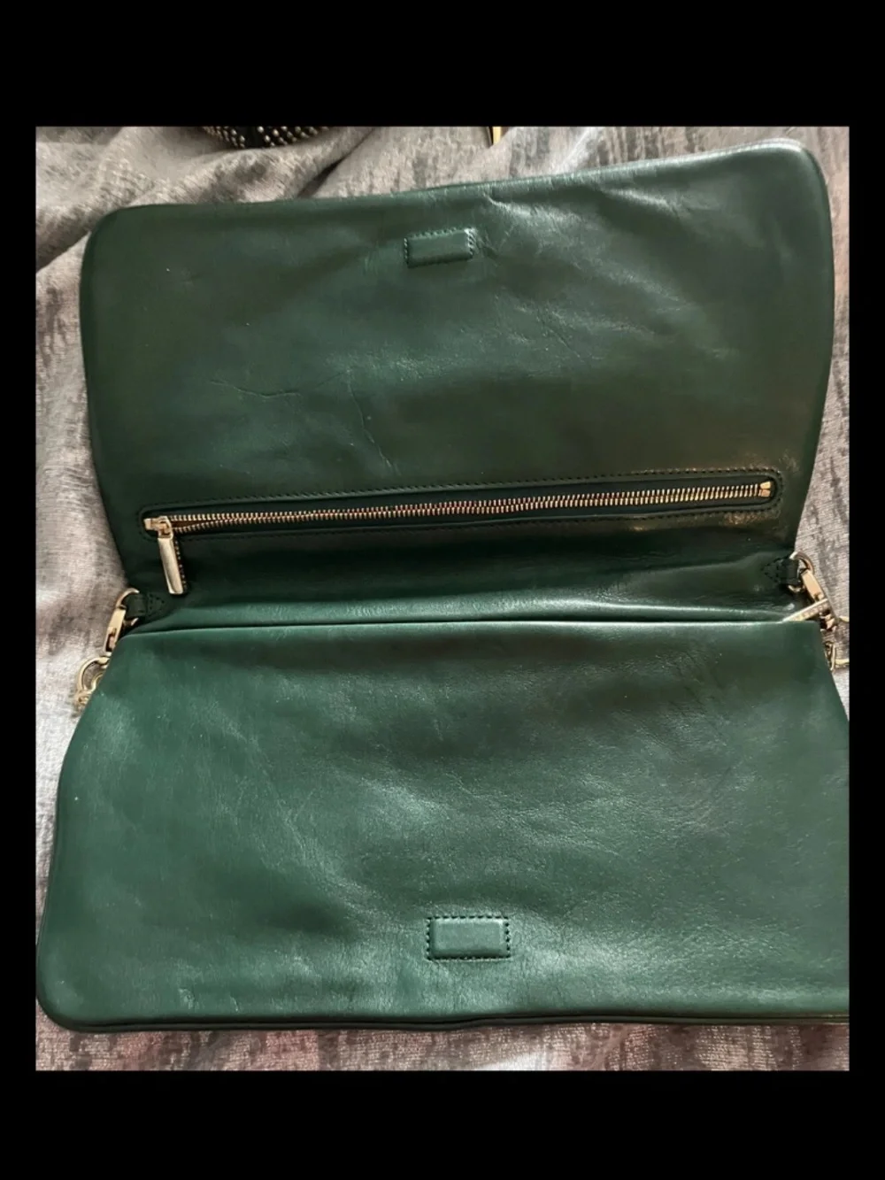 Tory Burch Reva Bombe Clutch Purse Malachite Dark Green Gold Chain